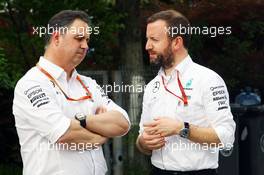 (L to R): Ron Meadows (GBR) Mercedes GP Team Manager with Bradley Lord (GBR) Mercedes AMG F1 Communications Manager. 14.04.2016. Formula 1 World Championship, Rd 3, Chinese Grand Prix, Shanghai, China, Preparation Day.