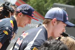 (L to R): Max Verstappen (NLD) Red Bull Racing and Daniil Kvyat (RUS) Scuderia Toro Rosso with the media. 12.05.2016. Formula 1 World Championship, Rd 5, Spanish Grand Prix, Barcelona, Spain, Preparation Day.