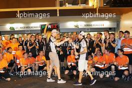 Sergio Perez (MEX) Sahara Force India F1 celebrates his third position with team mate Nico Hulkenberg (GER) Sahara Force India F1 and the team. 19.06.2016. Formula 1 World Championship, Rd 8, European Grand Prix, Baku Street Circuit, Azerbaijan, Race Day.