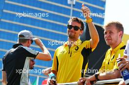 Jolyon Palmer (GBR) Renault Sport F1 Team and team mate Kevin Magnussen (DEN) Renault Sport F1 Team on the drivers parade. 19.06.2016. Formula 1 World Championship, Rd 8, European Grand Prix, Baku Street Circuit, Azerbaijan, Race Day.