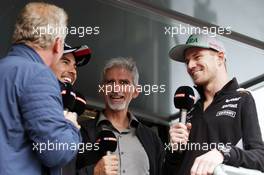 (L to R): Johnny Herbert (GBR) Sky Sports F1 Presenter with Sergio Perez (MEX) Sahara Force India F1; Damon Hill (GBR) Sky Sports Presenter; and Nico Hulkenberg (GER) Sahara Force India F1, at the Sahara Force India F1 Team Fan Zone at Woodlands Campsite. 09.07.2016. Formula 1 World Championship, Rd 10, British Grand Prix, Silverstone, England, Qualifying Day.