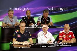The FIA Press Conference (From back row (L to R)): Pat Fry (GBR) Manor Racing Engineering Consultant; Matt Morris (GBR) McLaren Engineering Director; Otmar Szafnauer (USA) Sahara Force India F1 Chief Operating Officer; Paul Monaghan (GBR) Red Bull Racing Chief Engineer; Pat Fry (GBR) Manor Racing Engineering Consultant; Jock Clear (GBR) Ferrari Engineering Director.  29.07.2016. Formula 1 World Championship, Rd 12, German Grand Prix, Hockenheim, Germany, Practice Day.