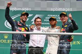 The podium (L to R): Daniel Ricciardo (AUS) Red Bull Racing, second; Lewis Hamilton (GBR) Mercedes AMG F1, race winner; Max Verstappen (NLD) Red Bull Racing, third. 31.07.2016. Formula 1 World Championship, Rd 12, German Grand Prix, Hockenheim, Germany, Race Day.