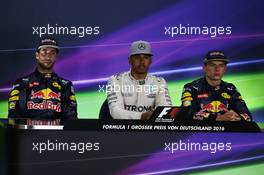 The post race FIA Press Conference (L to R): Daniel Ricciardo (AUS) Red Bull Racing, second; Lewis Hamilton (GBR) Mercedes AMG F1, race winner; Max Verstappen (NLD) Red Bull Racing, third. 31.07.2016. Formula 1 World Championship, Rd 12, German Grand Prix, Hockenheim, Germany, Race Day.