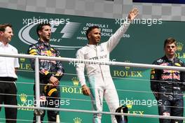 The podium (L to R): Daniel Ricciardo (AUS) Red Bull Racing, second; Lewis Hamilton (GBR) Mercedes AMG F1, race winner; Max Verstappen (NLD) Red Bull Racing, third. 31.07.2016. Formula 1 World Championship, Rd 12, German Grand Prix, Hockenheim, Germany, Race Day.