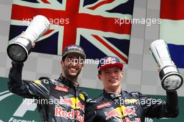 (L to R): Daniel Ricciardo (AUS) Red Bull Racing celebrates his second position on the podium with third placed team mate Max Verstappen (NLD) Red Bull Racing. 31.07.2016. Formula 1 World Championship, Rd 12, German Grand Prix, Hockenheim, Germany, Race Day.