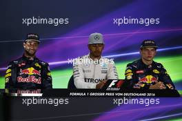 The post race FIA Press Conference (L to R): Daniel Ricciardo (AUS) Red Bull Racing, second; Lewis Hamilton (GBR) Mercedes AMG F1, race winner; Max Verstappen (NLD) Red Bull Racing, third. 31.07.2016. Formula 1 World Championship, Rd 12, German Grand Prix, Hockenheim, Germany, Race Day.