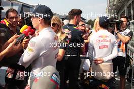 (L to R): Max Verstappen (NLD) Red Bull Racing and Daniel Ricciardo (AUS) Red Bull Racing with the media. 02.09.2016. Formula 1 World Championship, Rd 14, Italian Grand Prix, Monza, Italy, Practice Day.