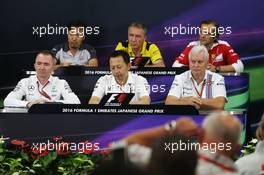 The FIA Press Conference (from back row (L to R)): Ayao Komatsu (JPN) Haas F1 Team Race Engineer; Bob Bell (GBR) Renault Sport F1 Team Chief Technical Officer; Luigi Fraboni (ITA) Ferrari Head of Engine Trackside Operations; Paddy Lowe (GBR) Mercedes AMG F1 Executive Director (Technical); Yusuke Hasegawa (JPN) Head of Honda F1 Programme; Pat Symonds (GBR) Williams Chief Technical Officer. 07.10.2016. Formula 1 World Championship, Rd 17, Japanese Grand Prix, Suzuka, Japan, Practice Day.