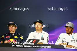 The post race FIA Press Conference (L to R): Max Verstappen (NLD) Red Bull Racing, second; Nico Rosberg (GER) Mercedes AMG F1, race winner; Lewis Hamilton (GBR) Mercedes AMG F1, third. 09.10.2016. Formula 1 World Championship, Rd 17, Japanese Grand Prix, Suzuka, Japan, Race Day.