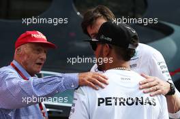 (L to R): Niki Lauda (AUT) Mercedes Non-Executive Chairman with Toto Wolff (GER) Mercedes AMG F1 Shareholder and Executive Director and Lewis Hamilton (GBR) Mercedes AMG F1. 28.05.2016. Formula 1 World Championship, Rd 6, Monaco Grand Prix, Monte Carlo, Monaco, Qualifying Day.