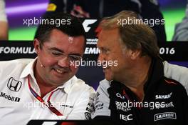 (L to R): Eric Boullier (FRA) McLaren Racing Director with Robert Fernley (GBR) Sahara Force India F1 Team Deputy Team Principal in the FIA Press Conference. 28.10.2016. Formula 1 World Championship, Rd 19, Mexican Grand Prix, Mexico City, Mexico, Practice Day.