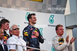The podium (L to R): Max Verstappen (NLD) Red Bull Racing, second; Daniel Ricciardo (AUS) Red Bull Racing, race winner; Nico Rosberg (GER) Mercedes AMG F1, third. 02.10.2016. Formula 1 World Championship, Rd 16, Malaysian Grand Prix, Sepang, Malaysia, Sunday.