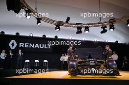 (L to R): Jolyon Palmer (GBR) Renault Sport Formula One Team; Esteban Ocon (FRA) Renault Sport Formula One Team Test Driver and Kevin Magnussen (DEN) Renault Sport Formula One Team reveal the Renault Sport F1 Team R16. 03.02.2016. Renault Sport Formula One Team RS16 Launch, Renault Technocentre, Paris, France.