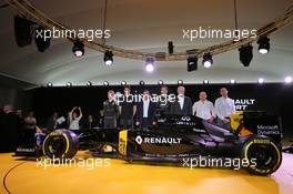 (L to R): Kevin Magnussen (DEN) Renault Sport Formula One Team; Esteban Ocon (FRA) Renault Sport Formula One Team Test Driver; Carlos Ghosn (FRA) Chairman of Renault; Jolyon Palmer (GBR) Renault Sport Formula One Team; Jerome Stoll (FRA) Renault Sport F1 President; Frederic Vasseur (FRA) Renault Sport Formula One Team Racing Director; Cyril Abiteboul (FRA) Renault Sport F1 Managing Director. 03.02.2016. Renault Sport Formula One Team RS16 Launch, Renault Technocentre, Paris, France.