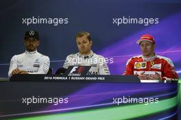 The post race FIA Press Conference (L to R): Lewis Hamilton (GBR) Mercedes AMG F1, second; Nico Rosberg (GER) Mercedes AMG F1, race winner; Kimi Raikkonen (FIN) Ferrari, third. 01.05.2016. Formula 1 World Championship, Rd 4, Russian Grand Prix, Sochi Autodrom, Sochi, Russia, Race Day.