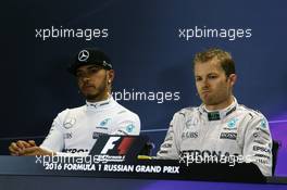(L to R): Lewis Hamilton (GBR) Mercedes AMG F1 and team mate Nico Rosberg (GER) Mercedes AMG F1 in the post race FIA Press Conference. 01.05.2016. Formula 1 World Championship, Rd 4, Russian Grand Prix, Sochi Autodrom, Sochi, Russia, Race Day.