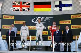 The podium (L to R): Lewis Hamilton (GBR) Mercedes AMG F1, second; Nico Rosberg (GER) Mercedes AMG F1, race winner; Kimi Raikkonen (FIN) Ferrari, third. 01.05.2016. Formula 1 World Championship, Rd 4, Russian Grand Prix, Sochi Autodrom, Sochi, Russia, Race Day.