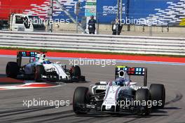 Valtteri Bottas (FIN) Williams FW38 leads team mate Felipe Massa (BRA) Williams FW38. 01.05.2016. Formula 1 World Championship, Rd 4, Russian Grand Prix, Sochi Autodrom, Sochi, Russia, Race Day.