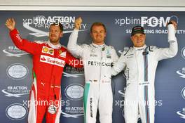 Qualifying top three in parc ferme (L to R): Sebastian Vettel (GER) Ferrari, second; Nico Rosberg (GER) Mercedes AMG F1, pole position; Valtteri Bottas (FIN) Williams, third. 30.04.2016. Formula 1 World Championship, Rd 4, Russian Grand Prix, Sochi Autodrom, Sochi, Russia, Qualifying Day.