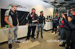 The Sahara Force India F1 Team celebrate 100 Grands Prix for their drivers (L to R): Nico Hulkenberg (GER) Sahara Force India F1; Otmar Szafnauer (USA) Sahara Force India F1 Chief Operating Officer; Sergio Perez (MEX) Sahara Force India F1. 30.04.2016. Formula 1 World Championship, Rd 4, Russian Grand Prix, Sochi Autodrom, Sochi, Russia, Qualifying Day.