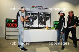 The Sahara Force India F1 Team celebrate 100 Grands Prix for their drivers (L to R): Nico Hulkenberg (GER) Sahara Force India F1; Otmar Szafnauer (USA) Sahara Force India F1 Chief Operating Officer; Sergio Perez (MEX) Sahara Force India F1. 30.04.2016. Formula 1 World Championship, Rd 4, Russian Grand Prix, Sochi Autodrom, Sochi, Russia, Qualifying Day.