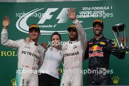 1st place Lewis Hamilton (GBR) Mercedes AMG F1 W07, 2nd place Nico Rosberg (GER) Mercedes AMG Petronas F1 W07 and 3rd place Daniel Ricciardo (AUS) Red Bull Racing RB12. 23.10.2016. Formula 1 World Championship, Rd 18, United States Grand Prix, Austin, Texas, USA, Race Day.