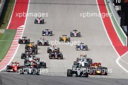 Lewis Hamilton (GBR) Mercedes AMG F1 W07 Hybrid (Right) leads team mate Nico Rosberg (GER) Mercedes AMG F1 W07 Hybrid at the start of the race. 23.10.2016. Formula 1 World Championship, Rd 18, United States Grand Prix, Austin, Texas, USA, Race Day.