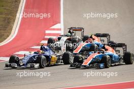 Felipe Nasr (BRA) Sauber C35 leads Pascal Wehrlein (GER) Manor Racing MRT05; Esteban Ocon (FRA) Manor Racing MRT05 and Nico Hulkenberg (GER) Sahara Force India F1 VJM09. 23.10.2016. Formula 1 World Championship, Rd 18, United States Grand Prix, Austin, Texas, USA, Race Day.