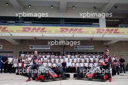 (L to R): Romain Grosjean (FRA) Haas F1 Team and team mate Esteban Gutierrez (MEX) Haas F1 Team at a team photograph. 23.10.2016. Formula 1 World Championship, Rd 18, United States Grand Prix, Austin, Texas, USA, Race Day.
