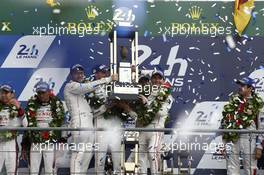 Podium LMP1: Winners #2 Porsche Team Porsche 919 Hybrid: Romain Dumas, Neel Jani, Marc Lieb.  19.06.2015. Le Mans 24 Hour, Race, Le Mans, France.