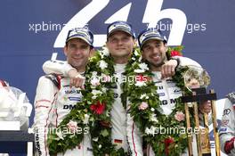 Podium LMP1: Race winner #2 Porsche Team Porsche 919 Hybrid: Romain Dumas, Neel Jani, Marc Lieb.  19.06.2015. Le Mans 24 Hour, Race, Le Mans, France.