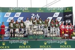 The podium (L to R): Mike Conway (GBR) / Kamui Kobayashi (JPN) / Stephane Sarrazin (FRA) / #06 Toyota Gazoo Racing Toyota TS050 Hybrid, second; Romain Dumas (FRA) / Neel Jani (SUI) / Marc Lieb (GER) #02 Porsche Team Porsche 919 Hybrid, race winners; Lucas di Grassi (BRA) / Loic Duval (FRA) / Oliver Jarvis (GBR) #08 Audi Sport Team Joest Audi R18, third. FIA World Endurance Championship, Le Mans 24 Hours - Race, Sunday 16th June 2016. Le Mans, France. 19.06.2016. FIA World Endurance Championship Le Mans 24 Hours, Race, Le Mans, France. Sunday.
