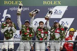 Podium LMP1: third place #8 Audi Sport Team Joest Audi R18 e-tron quattro: Lucas di Grassi, Loic Duval, Oliver Jarvis.  19.06.2015. Le Mans 24 Hour, Race, Le Mans, France.