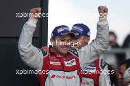 Race winner Benoit Treluyer (FRA) #07 Audi Sport Team Joest Audi R18 celebrates on the podium. 17.04.2016. FIA World Endurance Championship, Round 1, Silverstone, England, Sunday.