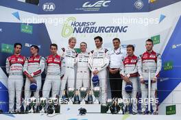 The podium (L to R): Lucas di Grassi (BRA) / Loic Duval (FRA) / Oliver Jarvis (GBR) #08 Audi Sport Team Joest Audi R18, second; Brendon Hartley (NZL) / Timo Bernhard (GER) / Mark Webber (AUS) #01 Porsche Team Porsche 919 Hybrid, race winners; Marcel Fassler (SUI)  Benoit Treluyer (FRA) / Andre Lotterer (GER) #07 Audi Sport Team Joest Audi R18, third. 24.07.2016. FIA World Endurance Championship, Round 4, Nurburgring, Germany, Sunday.