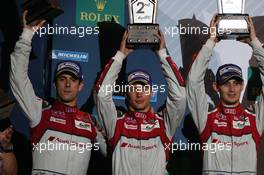 Lucas di Grassi (BRA) / Loic Duval (FRA) / Oliver Jarvis (GBR) #08 Audi Sport Team Joest Audi R18 celebrate their second position on the podium. 17.09.2016. FIA World Endurance Championship, Rd 6, 6 Hours of Circuit of the Americas, Austin, Texas, USA.