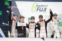 (L to R): Race winners Stephane Sarrazin (FRA) /  Kamui Kobayashi (JPN) /  Mike Conway (GBR) #06 Toyota Gazoo Racing Toyota TS050 Hybrid, celebrate on the podium. 16.10.2016. FIA World Endurance Championship, Round 7, Six Hours of Fuji, Fuji, Japan, Sunday.