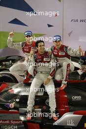 (L to R): Race winners Oliver Jarvis (GBR), Lucas di Grassi (BRA), and Loic Duval (FRA) #08 Audi Sport Team Joest Audi R18, celebrate in parc ferme. 19.11.2016. FIA World Endurance Championship, Round 9, Six Hours of Bahrain, Sakhir, Bahrain, Saturday