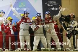 (L to R): Race winners Lucas di Grassi (BRA) / Loic Duval (FRA) / Oliver Jarvis (GBR) #08 Audi Sport Team Joest Audi R18, celebrate on the podium. 19.11.2016. FIA World Endurance Championship, Round 9, Six Hours of Bahrain, Sakhir, Bahrain, Saturday
