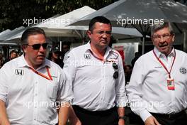 (L to R): Zak Brown (USA) McLaren Executive Director with Eric Boullier (FRA) McLaren Racing Director and Ross Brawn (GBR) Managing Director, Motor Sports. 26.03.2017. Formula 1 World Championship, Rd 1, Australian Grand Prix, Albert Park, Melbourne, Australia, Race Day.