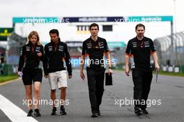 Sergio Perez (MEX) Sahara Force India F1 walks the circuit with the team with Bernadette Collins (GBR) Sahara Force India F1 Team Performance and Strategy Engineer and Tim Wright (GBR) Sahara Force India F1 Team Race Engineer. 22.03.2017. Formula 1 World Championship, Rd 1, Australian Grand Prix, Albert Park, Melbourne, Australia, Preparation Day.