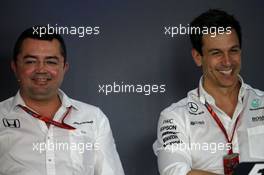 (L to R): Eric Boullier (FRA) McLaren Racing Director and Toto Wolff (GER) Mercedes AMG F1 Shareholder and Executive Director in the FIA Press Conference. 07.07.2017. Formula 1 World Championship, Rd 9, Austrian Grand Prix, Spielberg, Austria, Practice Day.