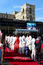 The drivers as the grid observes the national anthem. 25.06.2017. Formula 1 World Championship, Rd 8, Azerbaijan Grand Prix, Baku Street Circuit, Azerbaijan, Race Day.