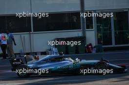 Lewis Hamilton (GBR) Mercedes AMG F1 W08 with a loose headrest that forced a pit stop. 25.06.2017. Formula 1 World Championship, Rd 8, Azerbaijan Grand Prix, Baku Street Circuit, Azerbaijan, Race Day.