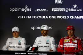 The post qualifying FIA Press Conference (L to R): Valtteri Bottas (FIN) Mercedes AMG F1; Lewis Hamilton (GBR) Mercedes AMG F1; Kimi Raikkonen (FIN) Ferrari. 24.06.2017. Formula 1 World Championship, Rd 8, Azerbaijan Grand Prix, Baku Street Circuit, Azerbaijan, Qualifying Day.