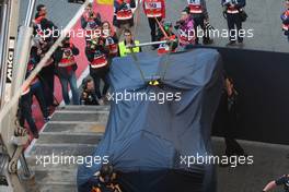 The Red Bull Racing RB13 of Daniel Ricciardo (AUS) Red Bull Racing is recovered back to the pits on the back of a truck. 27.02.2017. Formula One Testing, Day One, Barcelona, Spain. Monday.