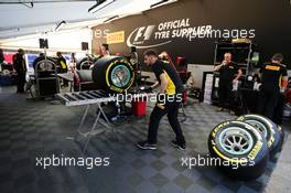 Pirelli tecnician working on Mercedes AMG F1 tyres. 27.02.2017. Formula One Testing, Day One, Barcelona, Spain. Monday.