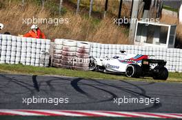 Lance Stroll (CDN) Williams FW40 crashed into a tyre barrier. 01.03.2017. Formula One Testing, Day Three, Barcelona, Spain. Wednesday.