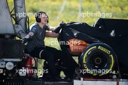 The McLaren MCL32 of Fernando Alonso (ESP) McLaren is recovered back to the pits on the back of a truck. 10.03.2017. Formula One Testing, Day Four, Barcelona, Spain. Friday.